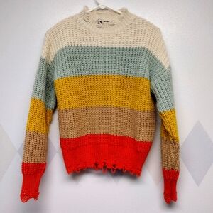 Racheal color block pullover sweater with distressed destroyed hems size S